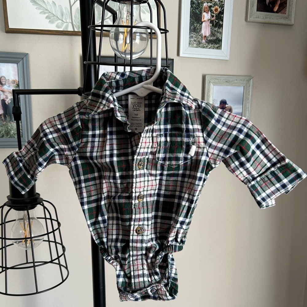 Carters Newborn Boy Button Down Plaid Dress Shirt Onesie
